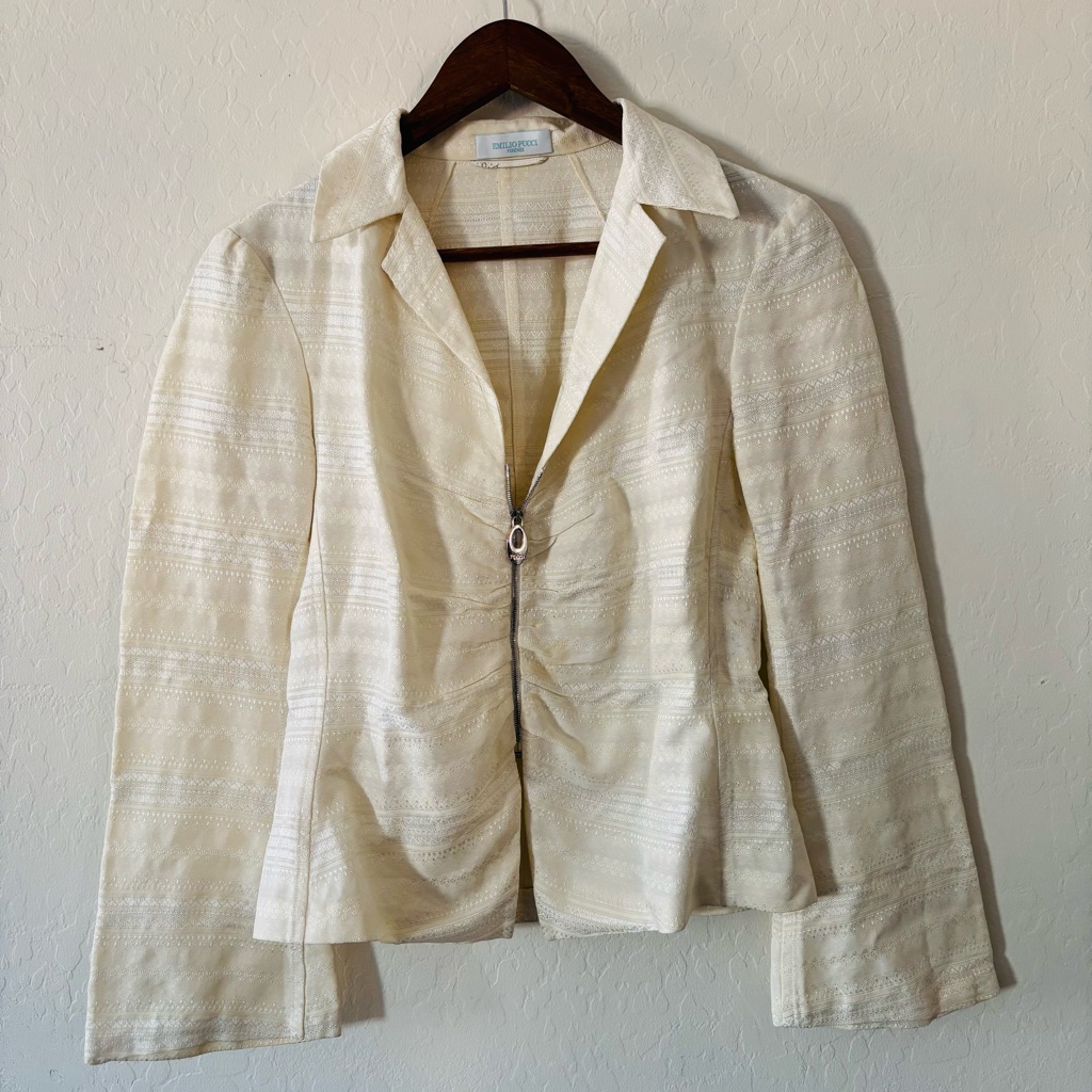 Emilio Pucci Firenze Ivory Textured Blazer Zip Up Jacket Lightweight Us Size 8